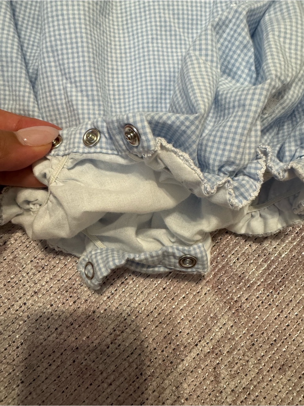 Smocked Blue Gingham 'Jesus Loves Me' Baby One-Piece - Picture 2 of 4